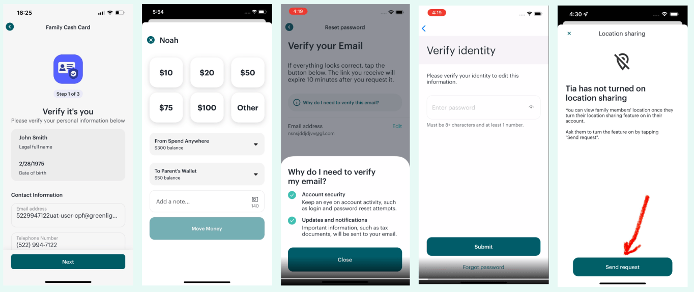 Screenshots of production app views